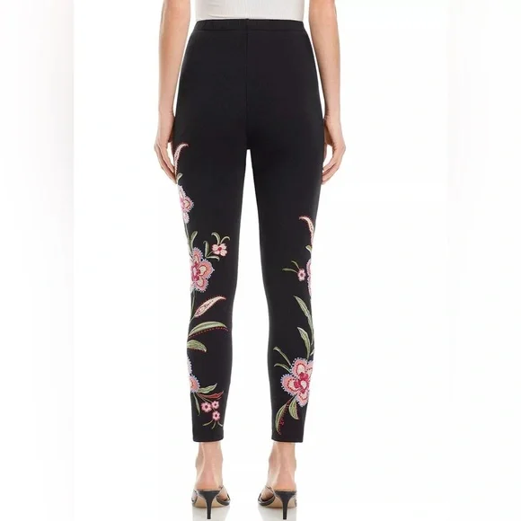 Johnny Was Libbi Black Leggings with Pink Floral Embroidery - Picture 3 of 10